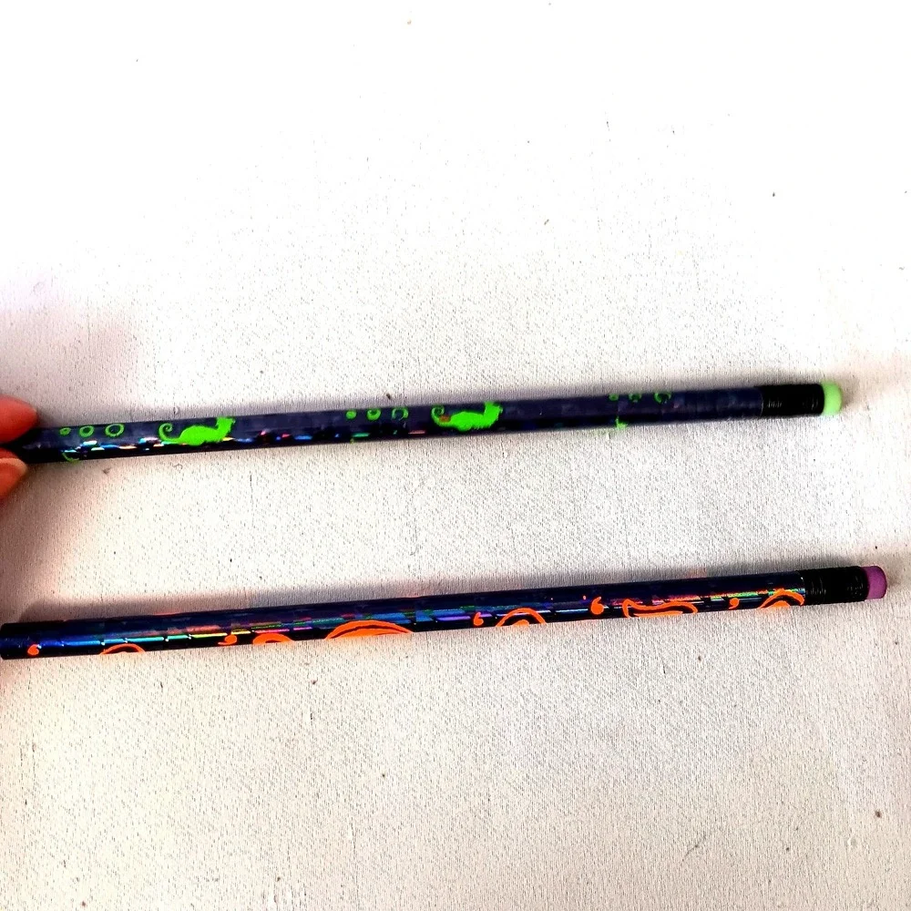 VTG 90s Holographic Neon Pencils Lot of‎ 2 Blue Orange Green Seahorse Flame USA